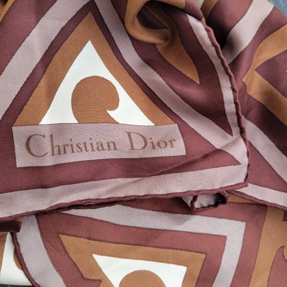 Vintage Christian Dior Brown &Tan Geometric Scarf Handrolled Edges 80s-90s - Picture 7 of 15